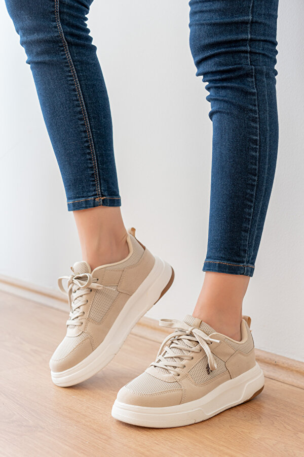 Kadın Anatomik iç Taban Garantili Çok Hafif Esnek Rahat Sneaker Spor Ayakkabı Bej