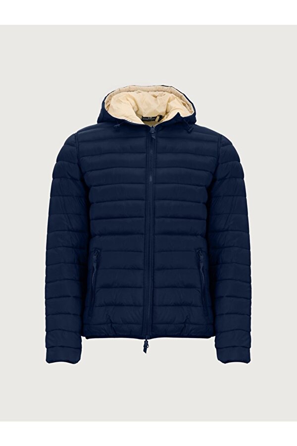 Kapüşonlu Düz Lacivert Mont