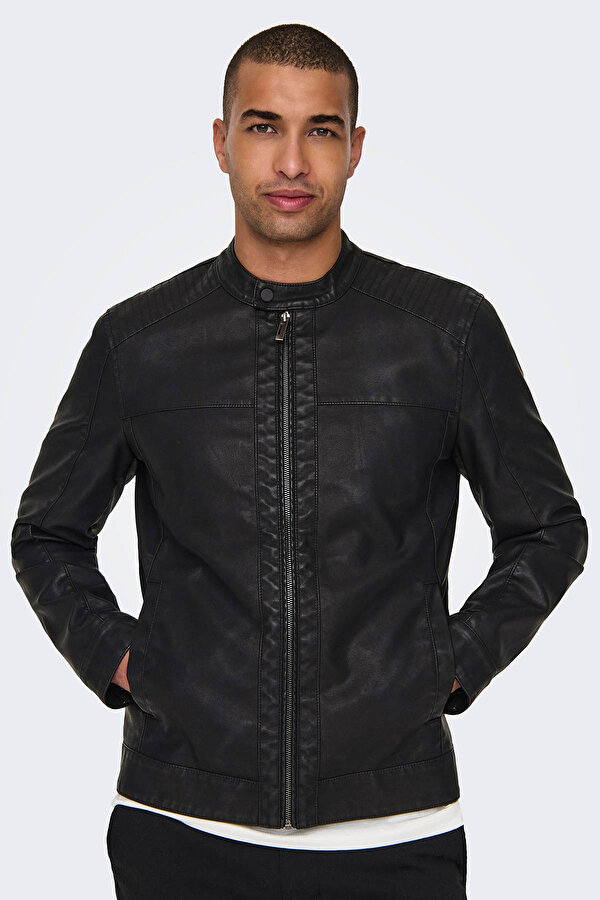ONSMIKE PU RACER JACKET O Siyah Erkek Ceket