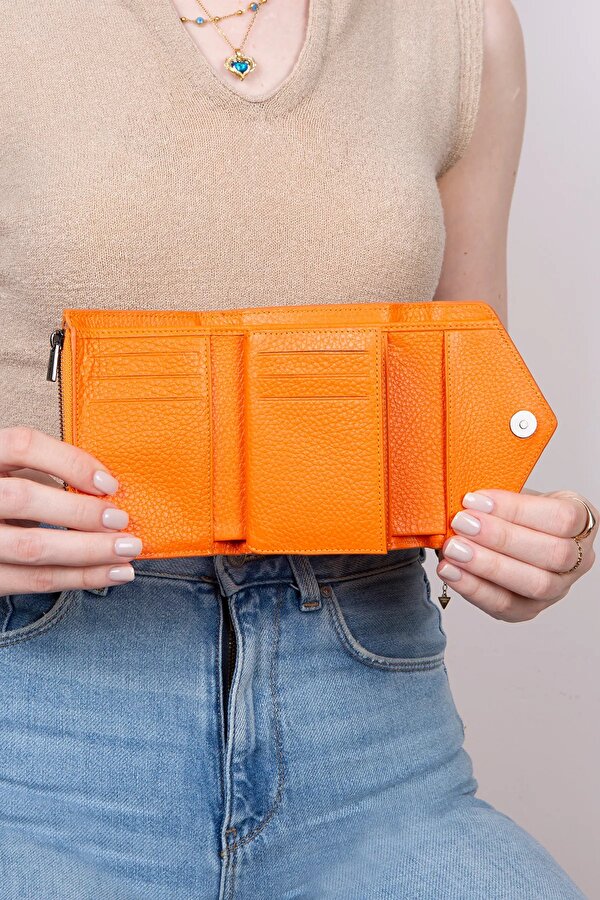 2785 Hakiki Deri Kadın Cüzdan Çok Bölmeli Şık Tasarım TURUNCU