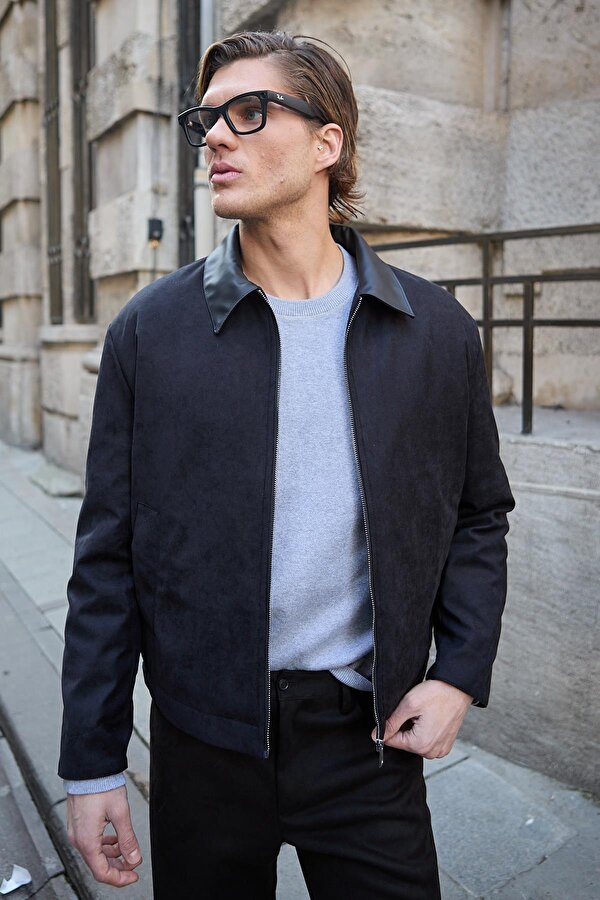 Erkek Deri Detaylı Süet Siyah Ceket Mont