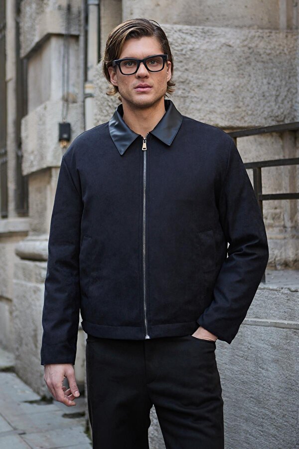 Erkek Deri Detaylı Süet Siyah Ceket Mont