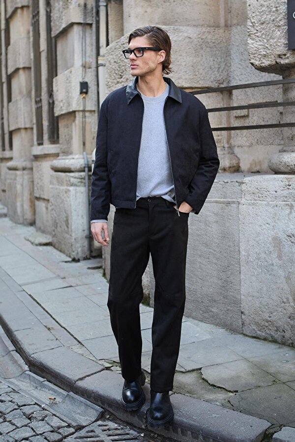 Erkek Deri Detaylı Süet Siyah Ceket Mont