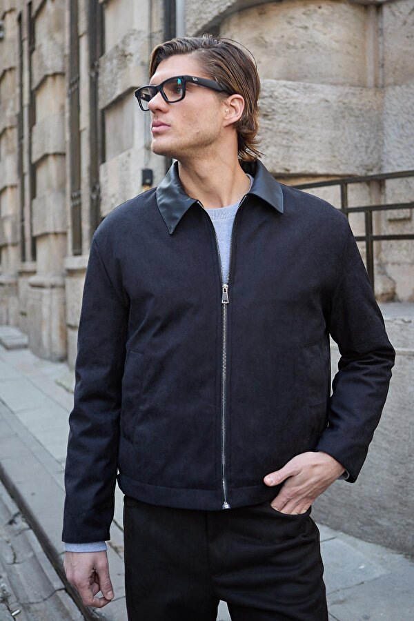 Erkek Deri Detaylı Süet Siyah Ceket Mont