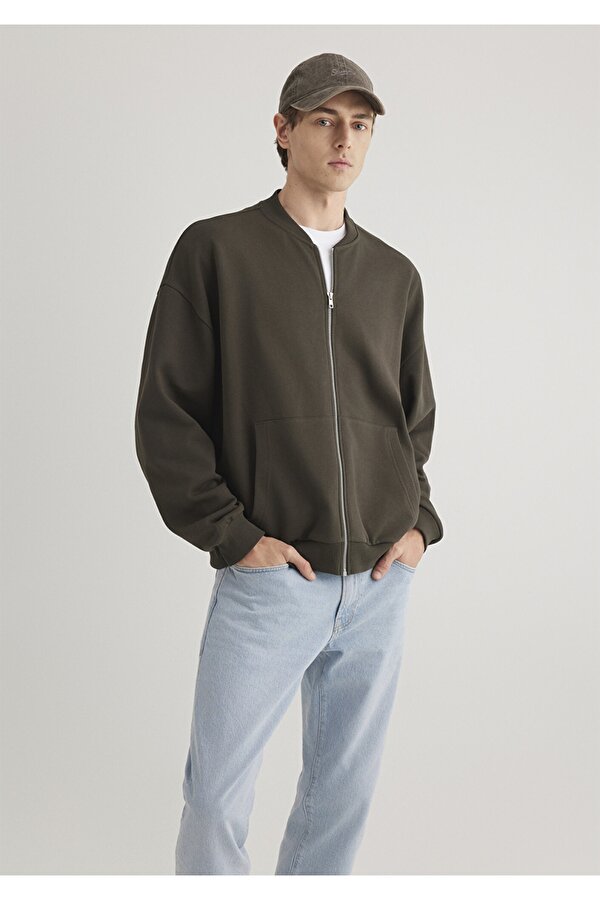 Fermuarlı Haki Sweatshirt