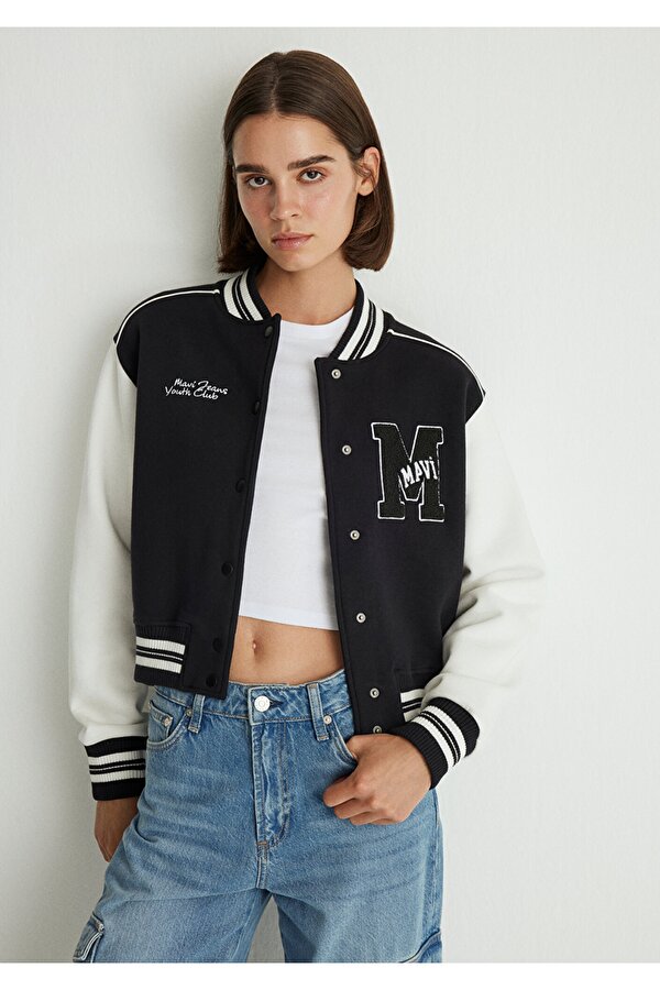 M Logo Patchli Siyah Bomber Ceket
