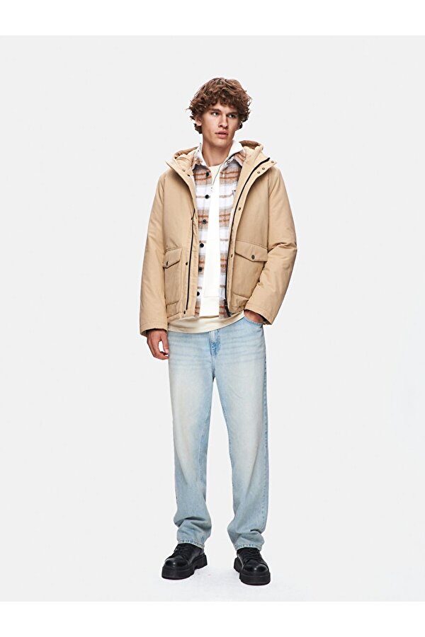 Kapüşonlu Şişme Bej Mont