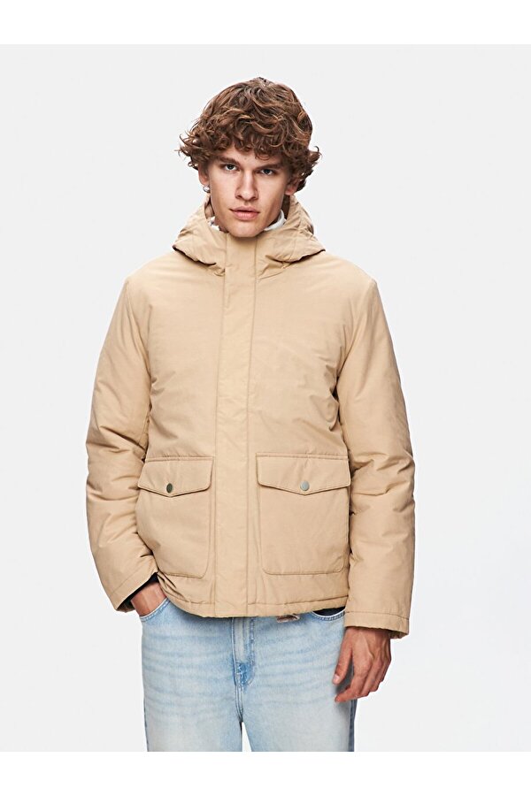 Kapüşonlu Şişme Bej Mont