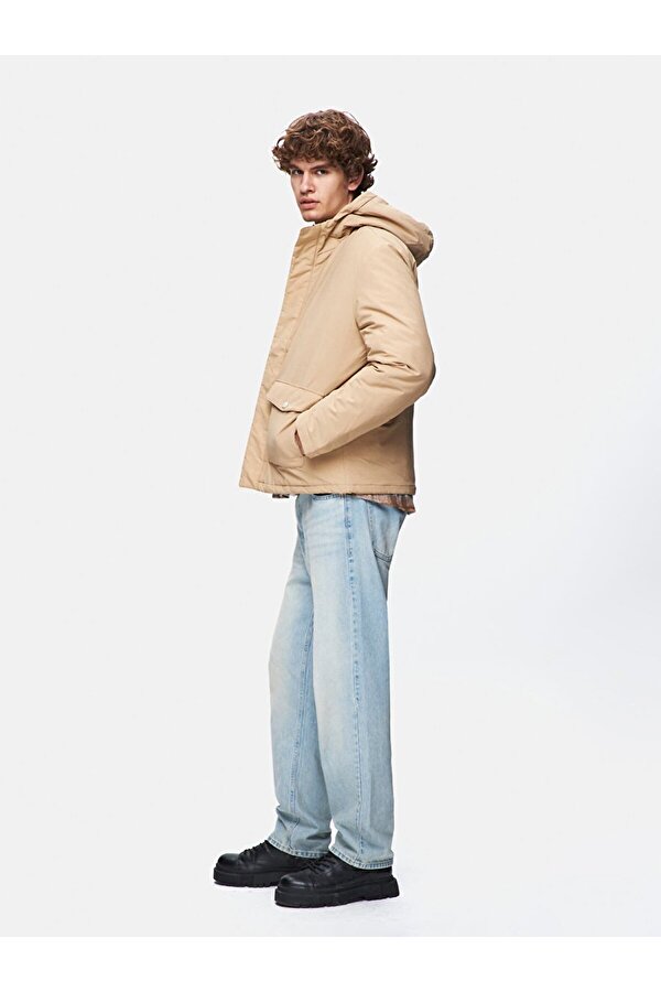 Kapüşonlu Şişme Bej Mont