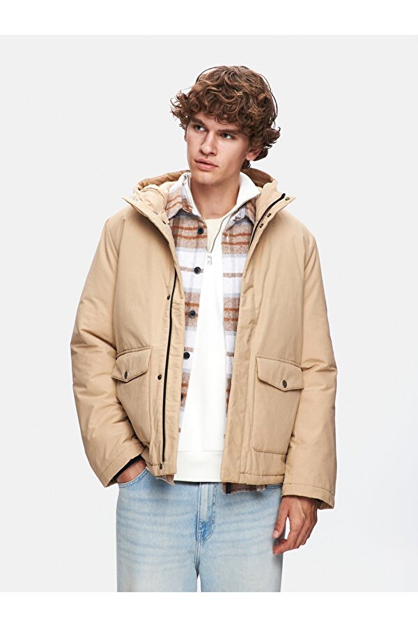 Kapüşonlu Şişme Bej Mont