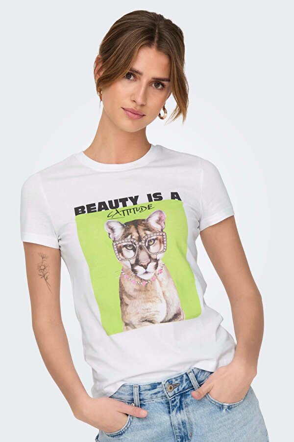ONLVIBE LIFE S/S GLASSES Beyaz Kadın Kısa Kol T-Shirt
