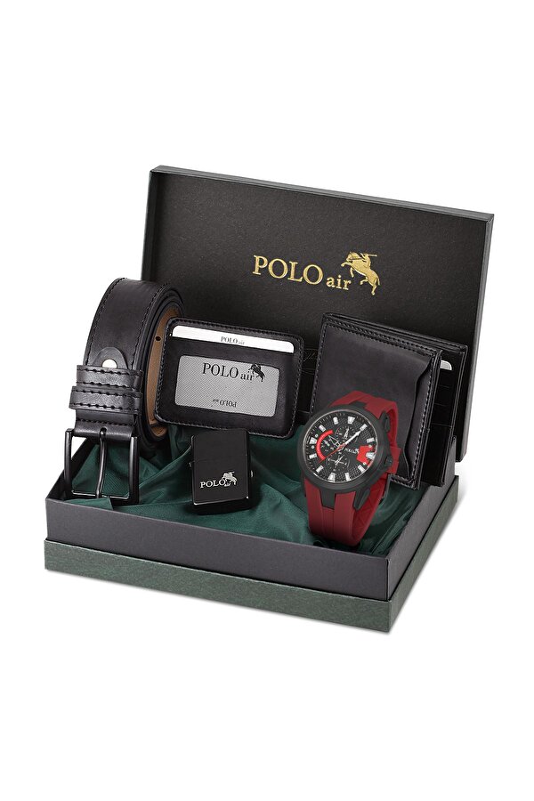 Erkek Set Kombin Kemer Cüzdan Kartlık Çakmak Kol Saati Hediyelik Kutusunda Siyah Set PL-0974E7