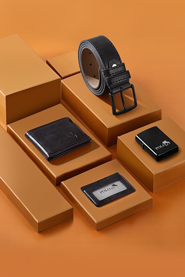 Erkek Set Kombin Kemer Cüzdan Kartlık Çakmak Kol Saati Hediyelik Kutusunda Siyah Set PL-0974E7