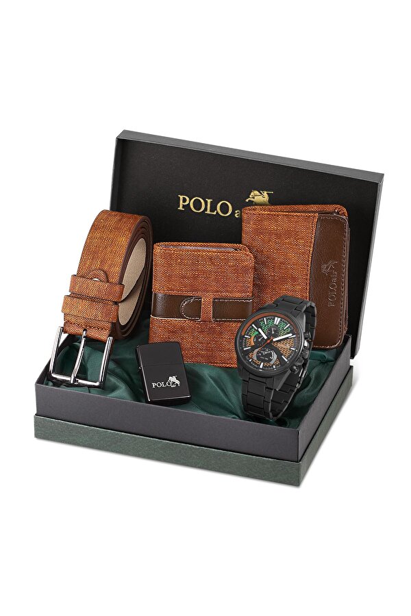 Hediyelik Kutusunda Erkek Set Kombin Kemer Cüzdan Kartlık Çakmak Kol Saati Taba Set PL-0967E3