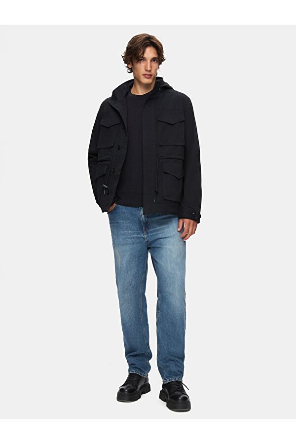 Kapüşonlu Düz Lacivert Mont