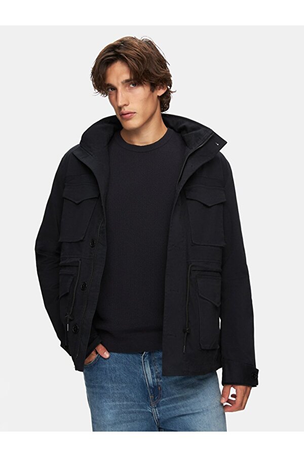 Kapüşonlu Düz Lacivert Mont