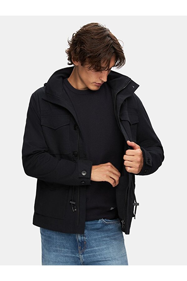 Kapüşonlu Düz Lacivert Mont