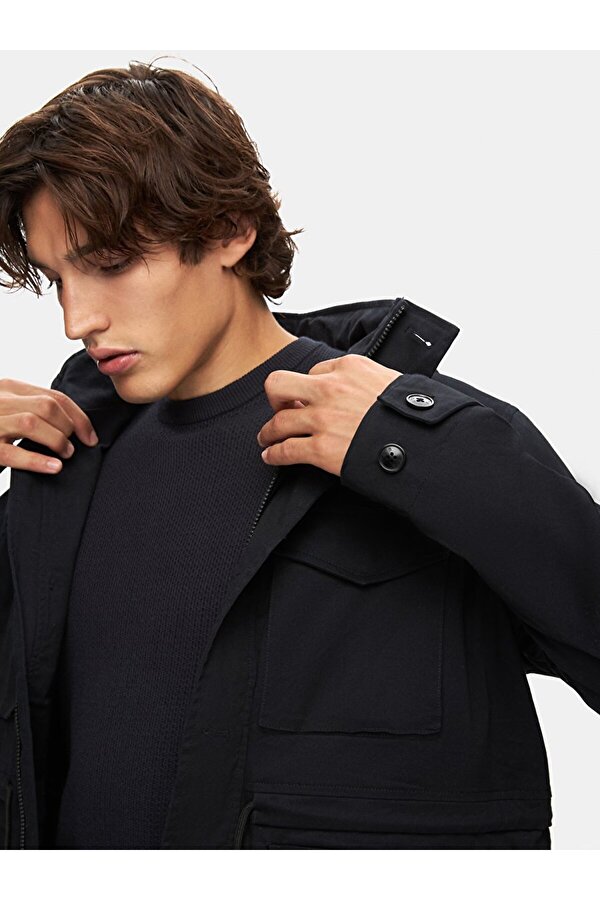 Kapüşonlu Düz Lacivert Mont