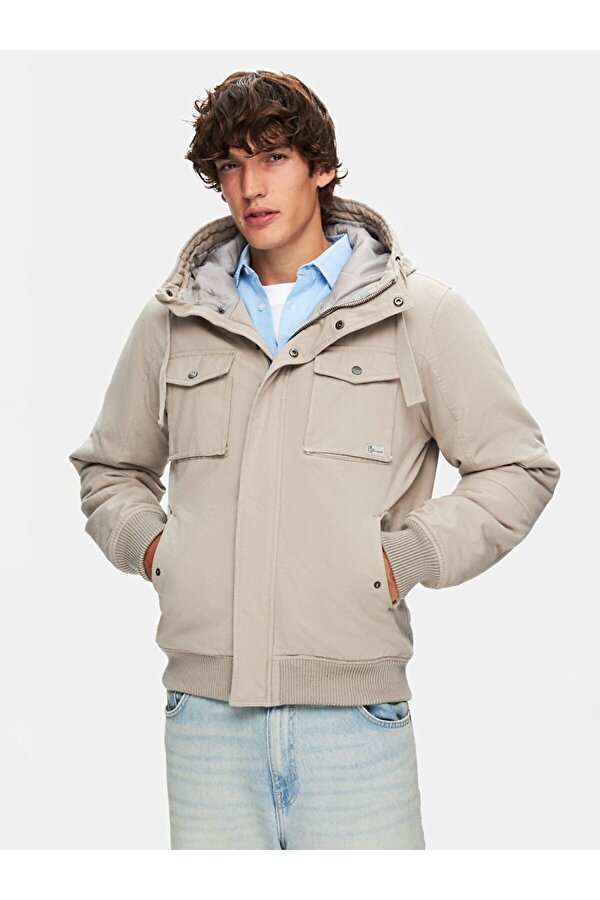 Kapüşonlu Düz Gri Mont