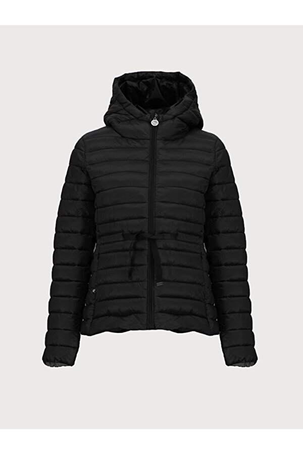 Düz Kapüşonlu Fermuarlı Siyah Mont