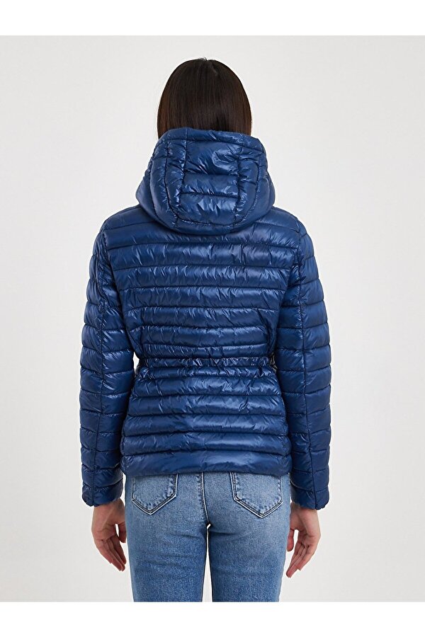 Düz Kapüşonlu Fermuarlı Koyu Mavı Mont