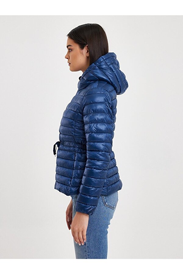 Düz Kapüşonlu Fermuarlı Koyu Mavı Mont