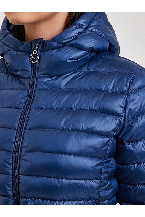 Düz Kapüşonlu Fermuarlı Koyu Mavı Mont