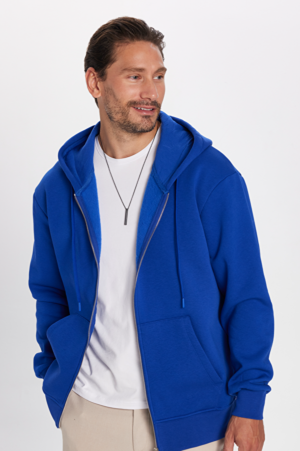 Unisex Relax Fit Rahat Kesim Pamuklu İçi Polarlı Çift Cepli Fermuarlı Sax Mavi Kapüşonlu Sweatshirt