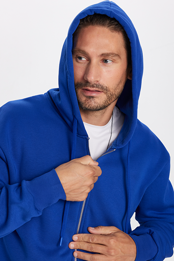 Unisex Relax Fit Rahat Kesim Pamuklu İçi Polarlı Çift Cepli Fermuarlı Sax Mavi Kapüşonlu Sweatshirt