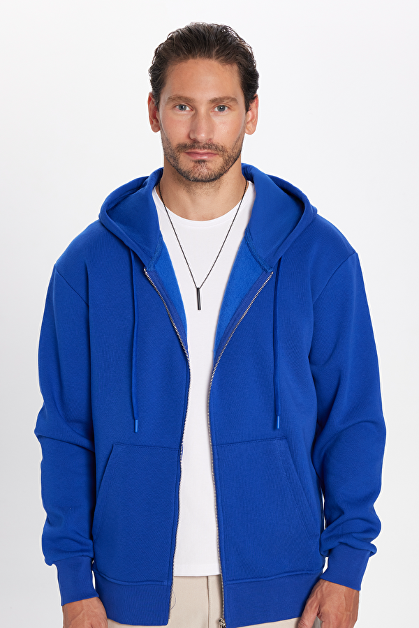 Unisex Relax Fit Rahat Kesim Pamuklu İçi Polarlı Çift Cepli Fermuarlı Sax Mavi Kapüşonlu Sweatshirt