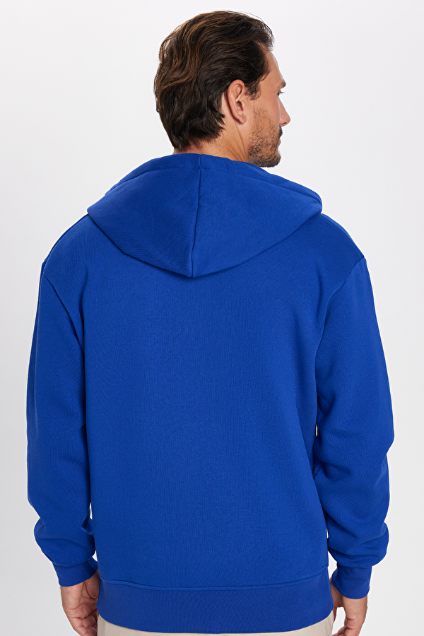 Unisex Relax Fit Rahat Kesim Pamuklu İçi Polarlı Çift Cepli Fermuarlı Sax Mavi Kapüşonlu Sweatshirt