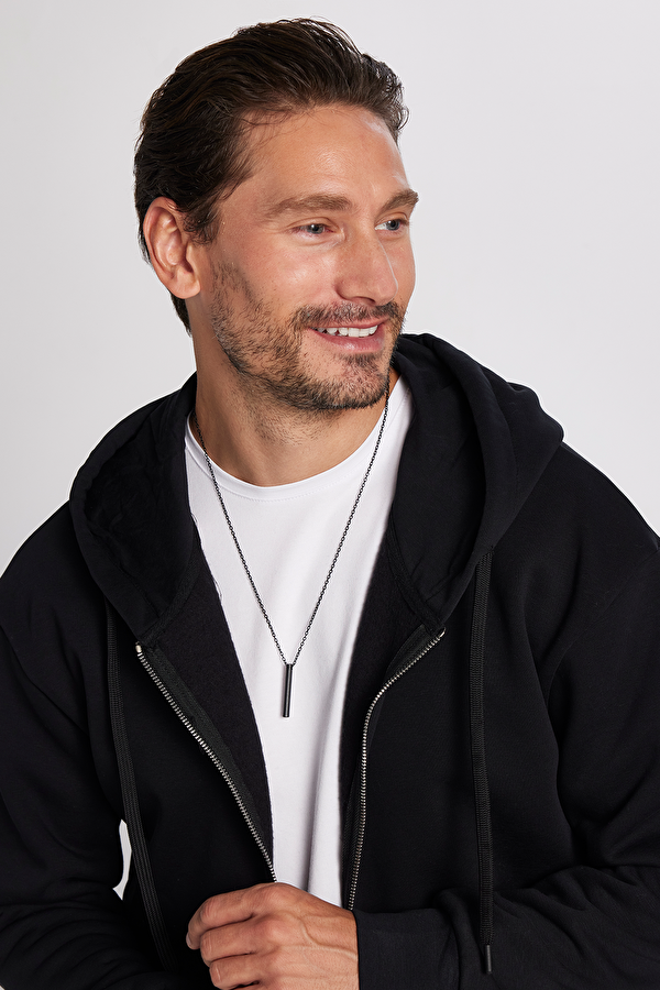 Unisex Relax Fit Rahat Kesim Pamuklu İçi Polarlı Çift Cepli Fermuarlı Siyah Kapüşonlu Sweatshirt