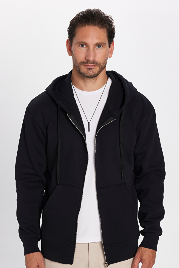 Unisex Relax Fit Rahat Kesim Pamuklu İçi Polarlı Çift Cepli Fermuarlı Siyah Kapüşonlu Sweatshirt