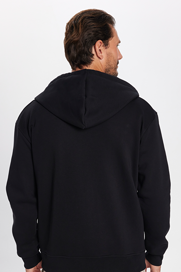 Unisex Relax Fit Rahat Kesim Pamuklu İçi Polarlı Çift Cepli Fermuarlı Siyah Kapüşonlu Sweatshirt