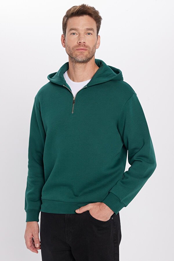 Unisex Relax Fit Rahat Kesim Pamuklu İçi Polarlı Yarım Fermuarlı Haki Kapüşonlu Sweatshirt