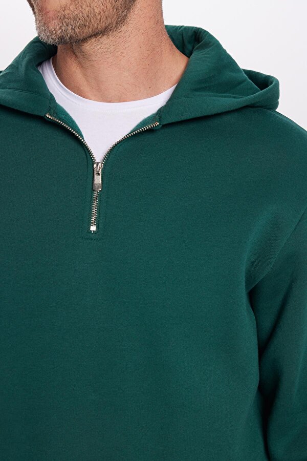 Unisex Relax Fit Rahat Kesim Pamuklu İçi Polarlı Yarım Fermuarlı Haki Kapüşonlu Sweatshirt