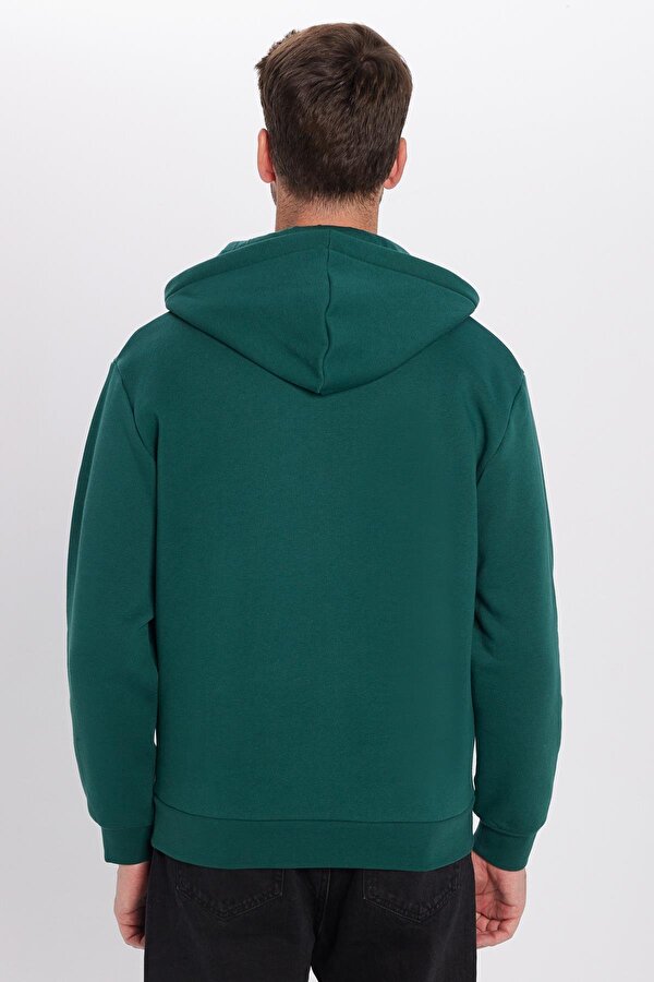 Unisex Relax Fit Rahat Kesim Pamuklu İçi Polarlı Yarım Fermuarlı Haki Kapüşonlu Sweatshirt