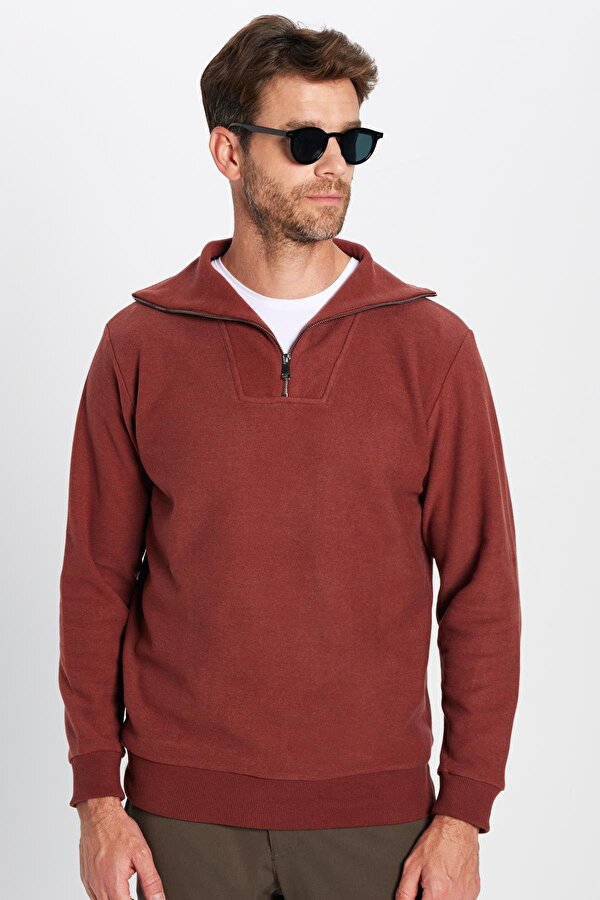 Unisex Relax Fit Rahat Kesim Desenli Pamuklu Yarım Fermuarlı Kiremit Renk Dik Yaka Sweatshirt