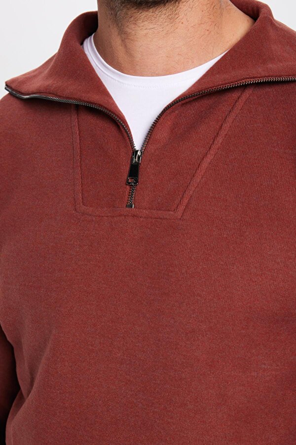 Unisex Relax Fit Rahat Kesim Desenli Pamuklu Yarım Fermuarlı Kiremit Renk Dik Yaka Sweatshirt