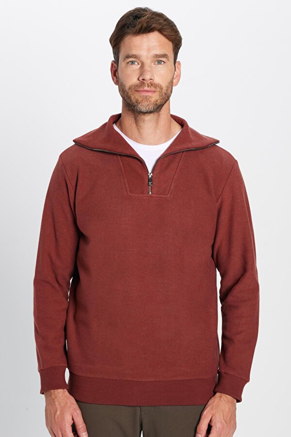 Unisex Relax Fit Rahat Kesim Desenli Pamuklu Yarım Fermuarlı Kiremit Renk Dik Yaka Sweatshirt