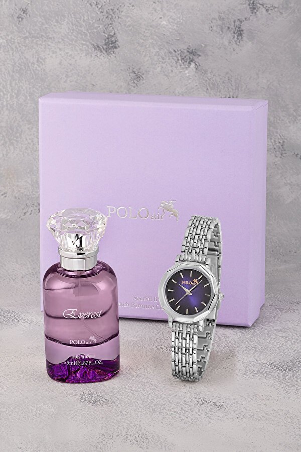 Kadın Kol Saati Ve Parfüm Seti Hediyelik Kutsunda Kombin Gümüş Mor Renk ST-2128S6