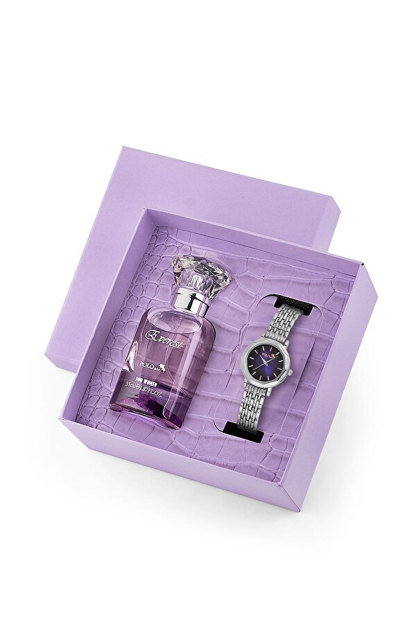 Kadın Kol Saati Ve Parfüm Seti Hediyelik Kutsunda Kombin Gümüş Mor Renk ST-2128S6