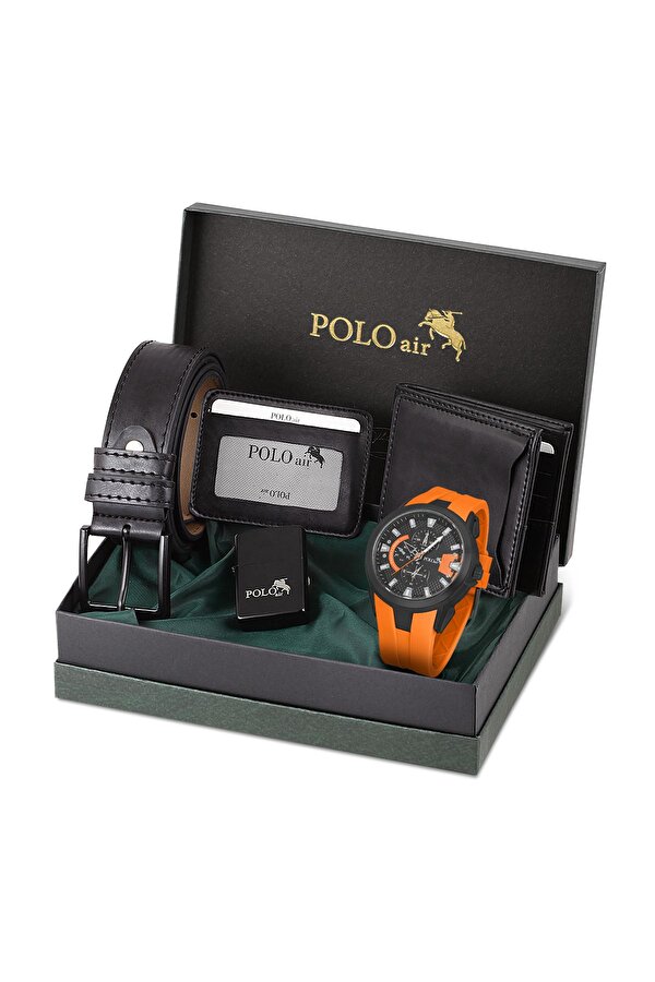 Erkek Set Kombin Kemer Cüzdan Kartlık Çakmak Kol Saati Hediyelik Kutusunda Siyah Set PL-0974E7