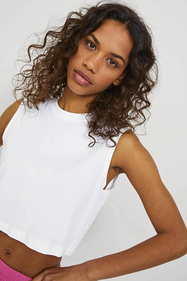 JXALVIRA SLIM SL CROP EVE KIRIK BEYAZ Kadın Kısa Kol T-Shirt