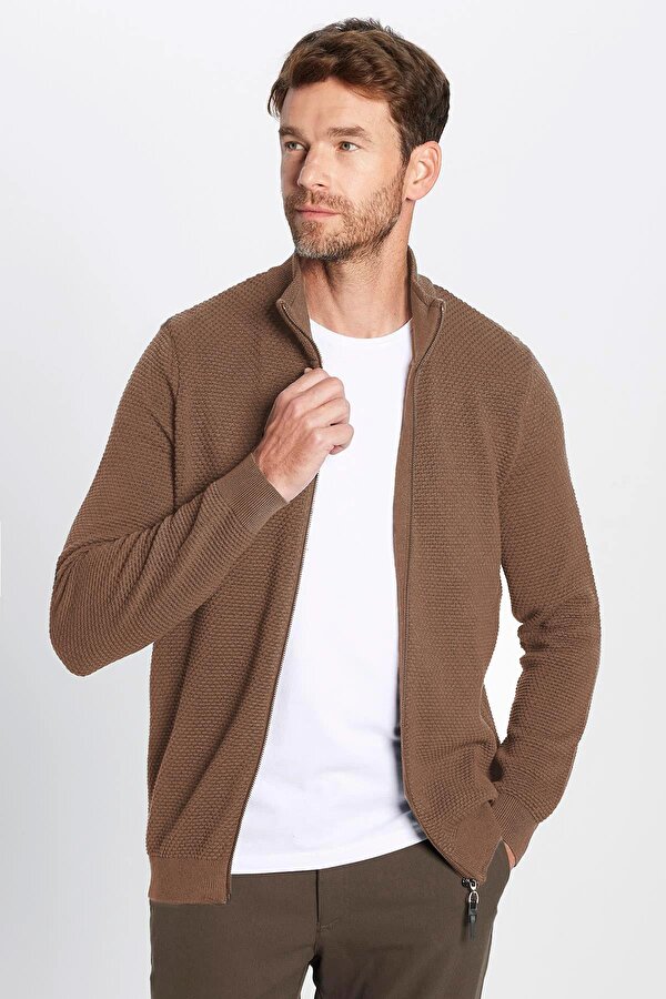 Erkek Slim Fit Dar Kesim Desenli Yarım Balıkçı Yaka Fermuarlı Kahve Hırka