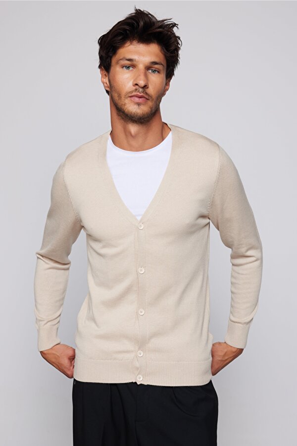 Erkek Slim Fit Düğmeli Düz Pamuklu Bej Hırka