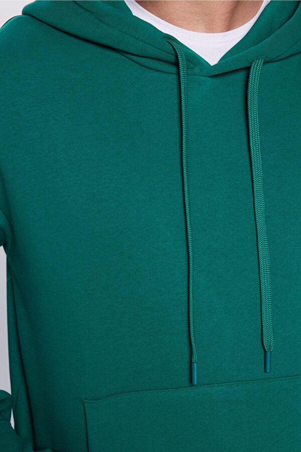 Unisex Oversize Geniş Kesim Pamuklu Yumuşak Dokulu İçi Polarlı Basic Yeşil Kapüşonlu Sweatshirt