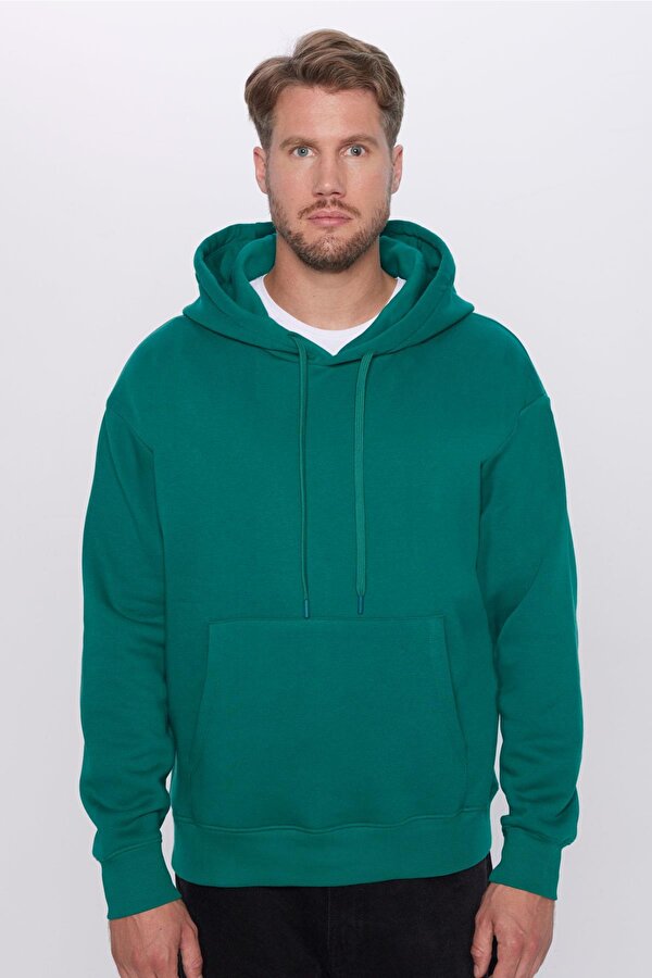 Unisex Oversize Geniş Kesim Pamuklu Yumuşak Dokulu İçi Polarlı Basic Yeşil Kapüşonlu Sweatshirt