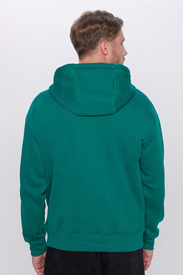 Unisex Oversize Geniş Kesim Pamuklu Yumuşak Dokulu İçi Polarlı Basic Yeşil Kapüşonlu Sweatshirt