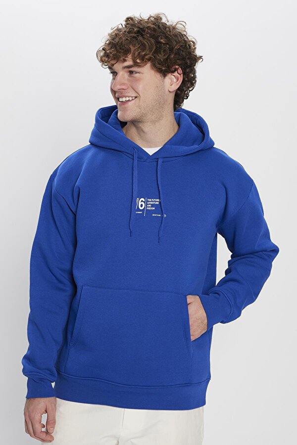 Unisex Oversize Geniş Kesim Pamuklu Yumuşak Dokulu İçi Polarlı Baskılı Saks Mavi Kapüşonlu Sweatshirt